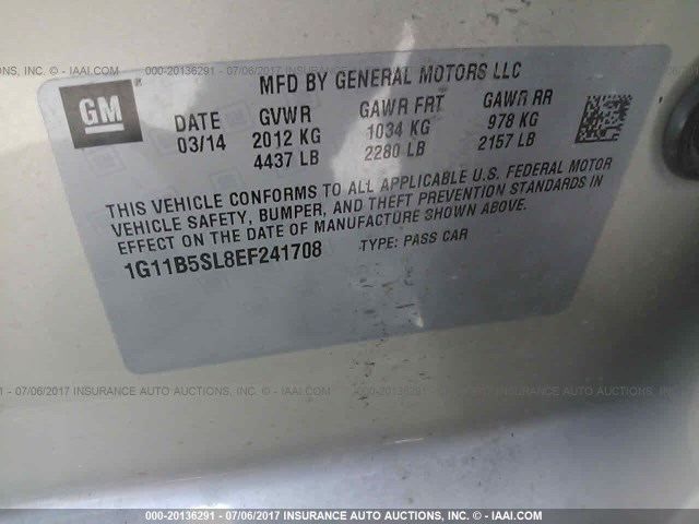 1G11B5SL8EF241708 - 2014 CHEVROLET MALIBU LS 米色 照片 9