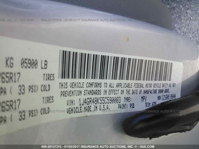 1J4GR48K55C590083 - 2005 JEEP GRAND CHEROKEE LAREDO/COLUMBIA/FREEDOM 银色 照片 9