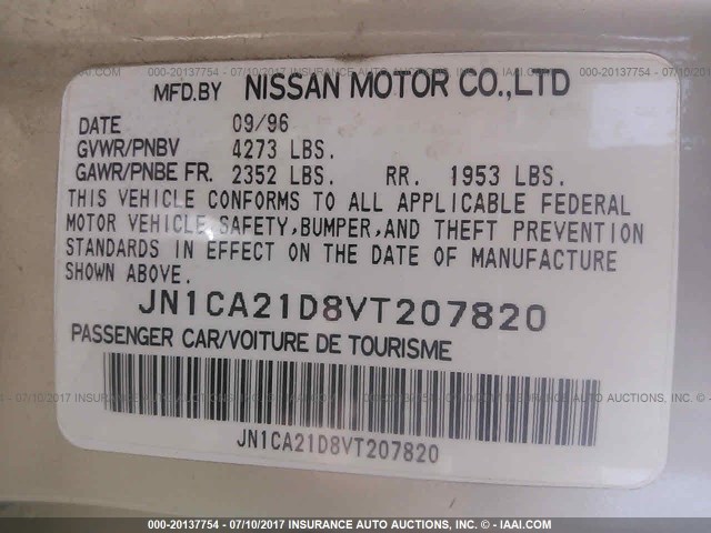 JN1CA21D8VT207820 - 1997 NISSAN MAXIMA GLE/GXE/SE GOLD photo 9