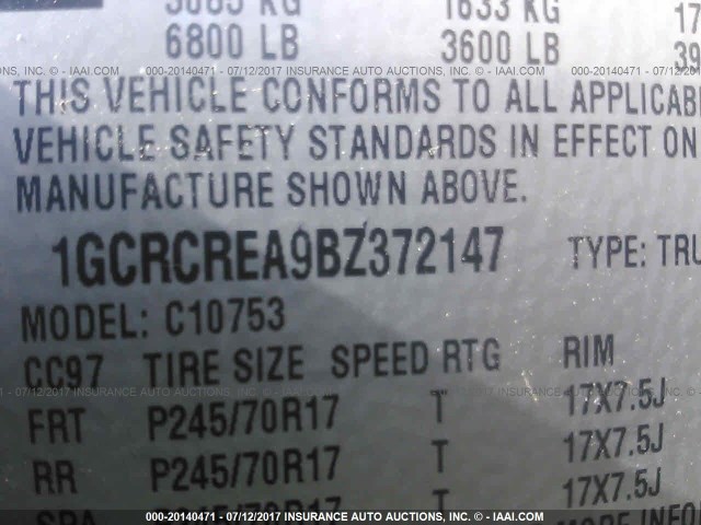 1GCRCREA9BZ372147 - 2011 CHEVROLET SILVERADO C1500  LS BLACK photo 9