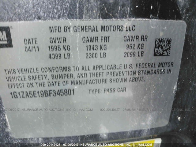 1G1ZA5E19BF345801 - 2011 CHEVROLET MALIBU LS 灰色 照片 9