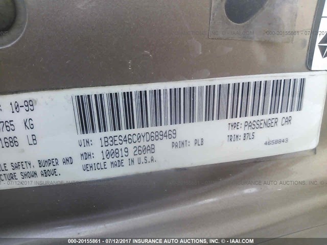 1B3ES46C0YD689469 - 2000 DODGE NEON ES TAN photo 9