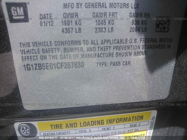 1G1ZB5E01CF267830 - 2012 CHEVROLET MALIBU LS შავი ფოტო 9