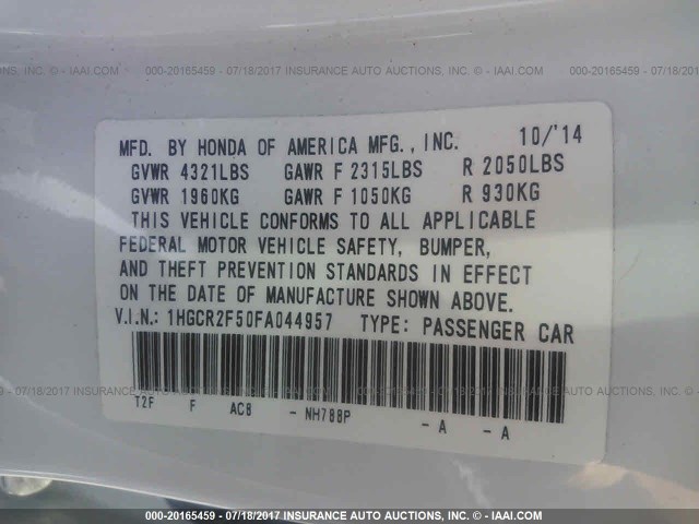 1HGCR2F50FA044957 - 2015 HONDA ACCORD SPORT 白色 照片 9