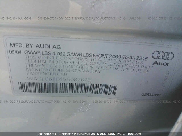 WAULC68E45A082675 - 2005 AUDI A4 1.8T QUATTRO/SPECIAL SILVER photo 9