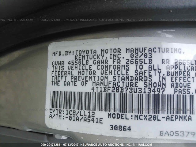 4T1BF28B73U313497 - 2003 TOYOTA AVALON XL/XLS SILVER photo 9