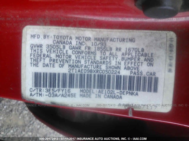 2T1AE09BXRC050224 - 1994 TOYOTA COROLLA LE/DX 红色 照片 9