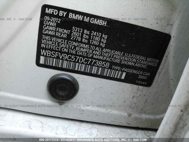 WBSFV9C57DC773858 - 2013 BMW M5 WHITE photo 9