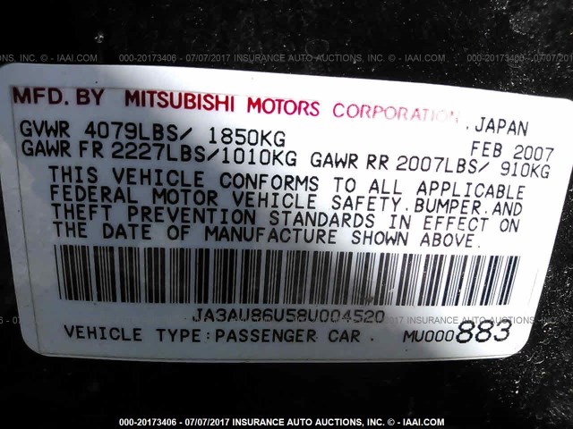 JA3AU86U58U004520 - 2008 MITSUBISHI LANCER GTS BLACK photo 9