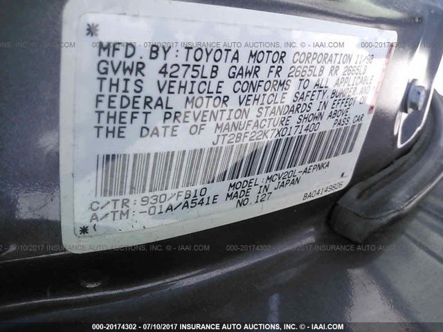 JT2BF22K7X0171400 - 1999 TOYOTA CAMRY LE/XLE فضي صورة 9