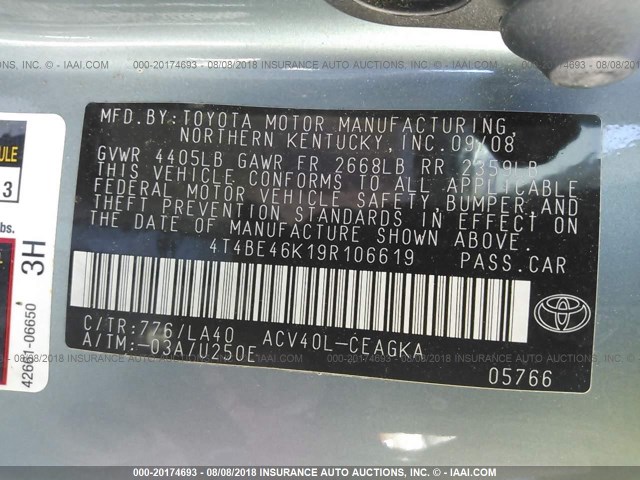 4T4BE46K19R106619 - 2009 TOYOTA CAMRY SE/LE/XLE GREEN photo 9