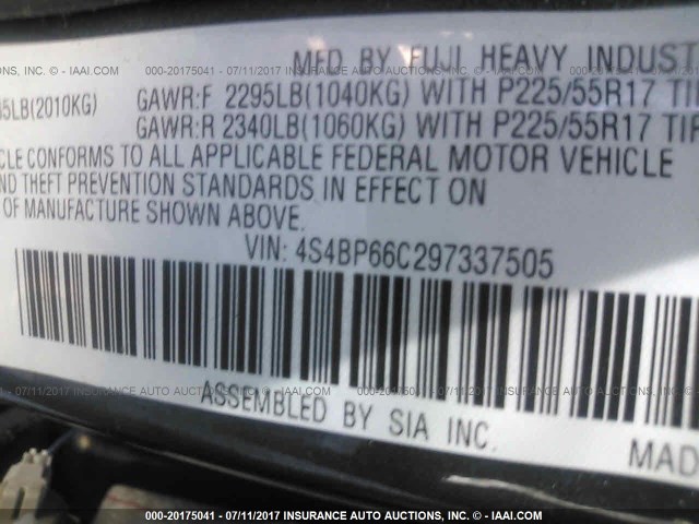 4S4BP66C297337505 - 2009 SUBARU OUTBACK 2.5I LIMITED GRAY photo 9