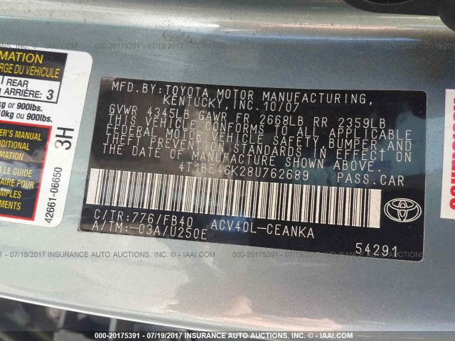 4T1BE46K28U762689 - 2008 TOYOTA CAMRY CE/LE/XLE/SE TEAL photo 9