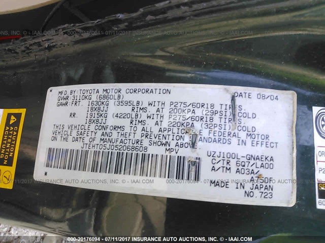 JTEHT05J052068608 - 2005 TOYOTA LAND CRUISER  GREEN photo 9