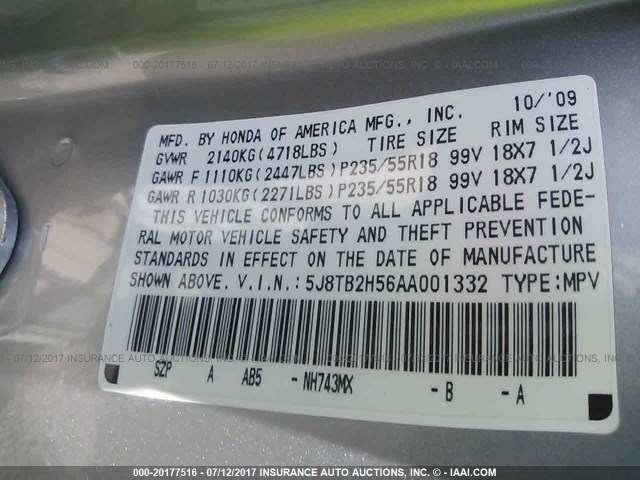 5J8TB2H56AA001332 - 2010 ACURA RDX TECHNOLOGY SILVER photo 9