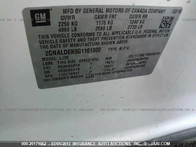 2GNALDEK9G1161000 - 2016 CHEVROLET EQUINOX LTZ WHITE photo 9