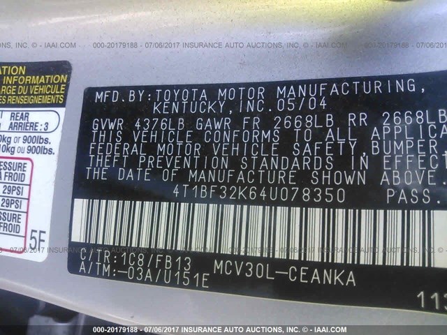 4T1BF32K64U078350 - 2004 TOYOTA CAMRY LE/XLE/SE ვერცხლისფერი ფოტო 9