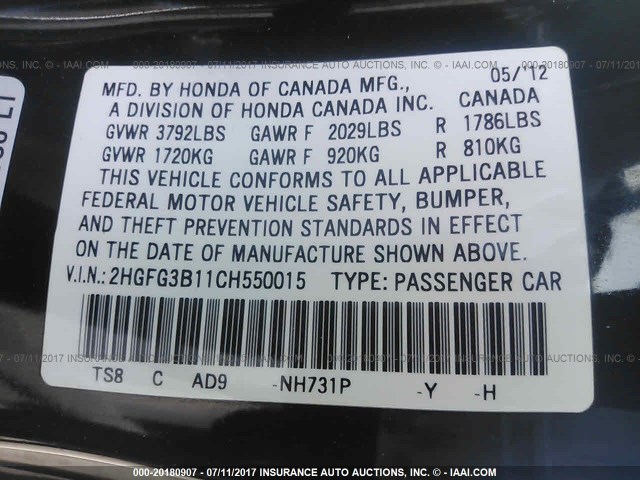 2HGFG3B11CH550015 - 2012 HONDA CIVIC EXL Qara foto 9