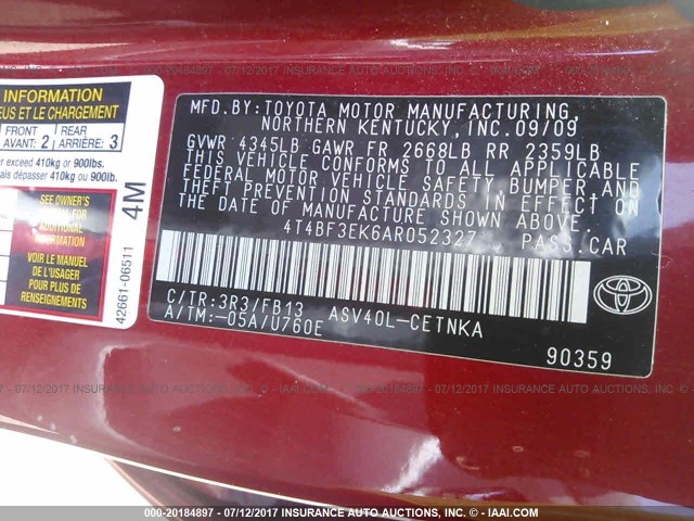 4T4BF3EK6AR052327 - 2010 TOYOTA CAMRY SE/LE/XLE წითელი ფოტო 9