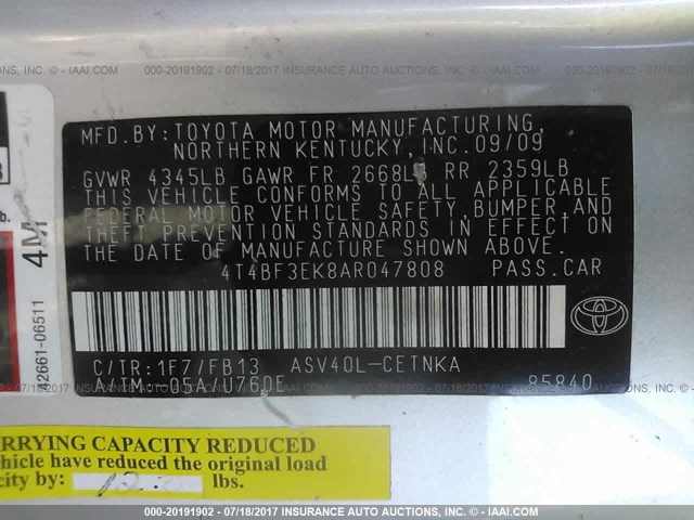 4T4BF3EK8AR047808 - 2010 TOYOTA CAMRY SE/LE/XLE 银色 照片 9