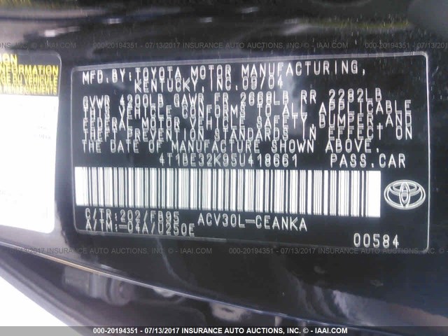 4T1BE32K95U418661 - 2005 TOYOTA CAMRY LE/XLE/SE შავი ფოტო 9