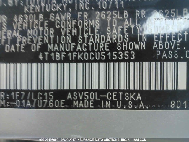 4T1BF1FK0CU515353 - 2012 TOYOTA CAMRY SE/LE/XLE 银色 照片 9