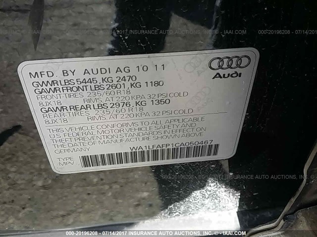 WA1LFAFP1CA050467 - 2012 AUDI Q5 PREMIUM PLUS BLACK photo 9