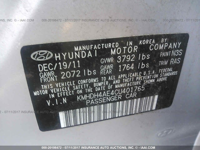 KMHDH4AE4CU401765 - 2012 HYUNDAI ELANTRA GLS/LIMITED SILVER photo 9