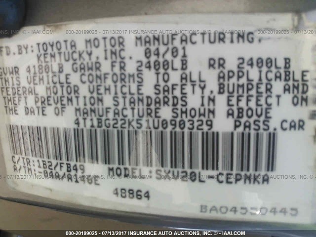 4T1BG22K51U090329 - 2001 TOYOTA CAMRY CE/LE/XLE 金色 照片 9