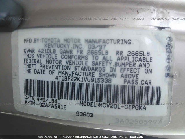 4T1BF22K1VU915338 - 1997 TOYOTA CAMRY CE/LE/XLE 棕色 照片 9