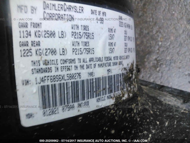 1J4FF68S6XL580276 - 1999 JEEP CHEROKEE SPORT/CLASSIC შავი ფოტო 9