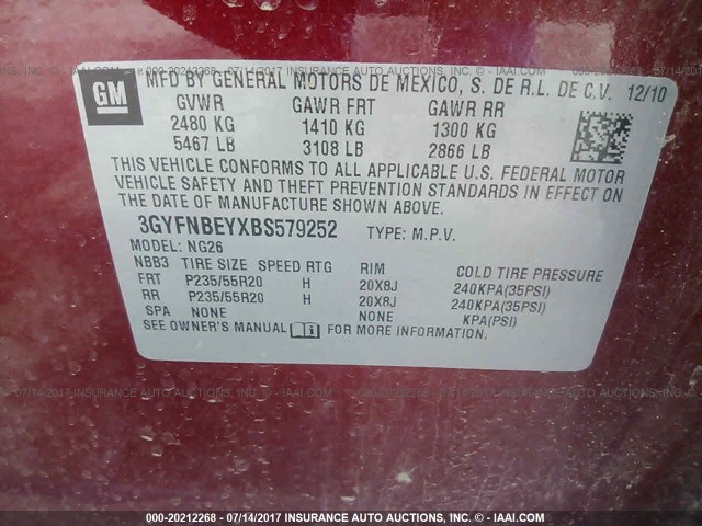 3GYFNBEYXBS579252 - 2011 CADILLAC SRX PERFORMANCE COLLECTION 红色 照片 9