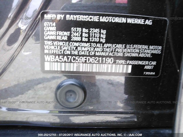 WBA5A7C59FD621190 - 2015 BMW 528 XI GRAY photo 9