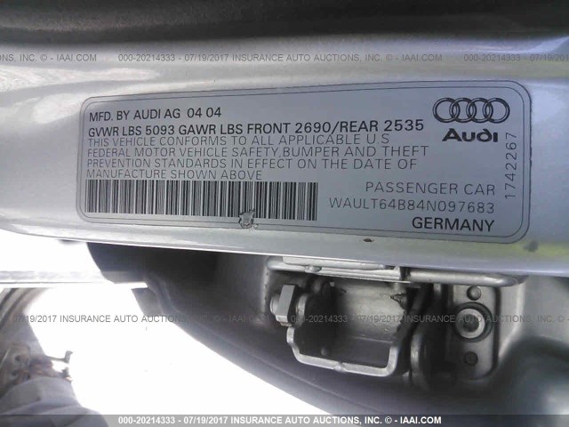 WAULT64B84N097683 - 2004 AUDI A6 3.0 QUATTRO SILVER photo 9