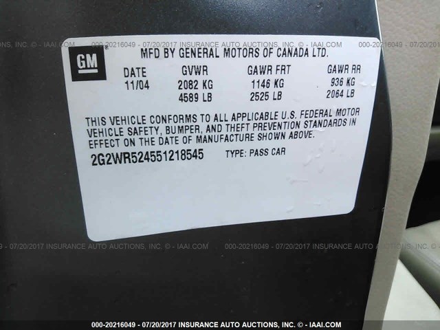 2G2WR524551218545 - 2005 PONTIAC GRAND PRIX GTP GRAY photo 9