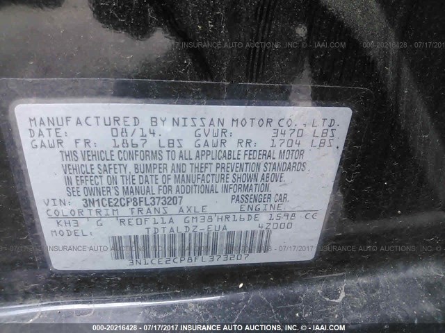 3N1CE2CP8FL373207 - 2015 NISSAN VERSA NOTE S/S PLUS/SV/SL/SR BLACK photo 9