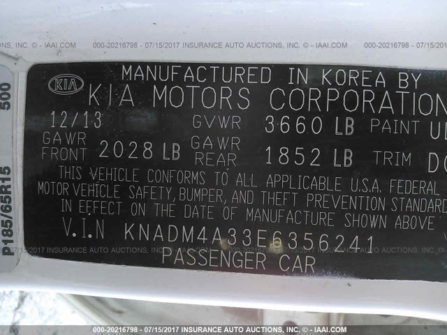 KNADM4A33E6356241 - 2014 KIA RIO LX Սպիտակ լուսանկար 9