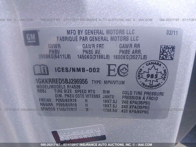 1GKKRRED5BJ296956 - 2011 GMC ACADIA SLT-1 Plata foto 9