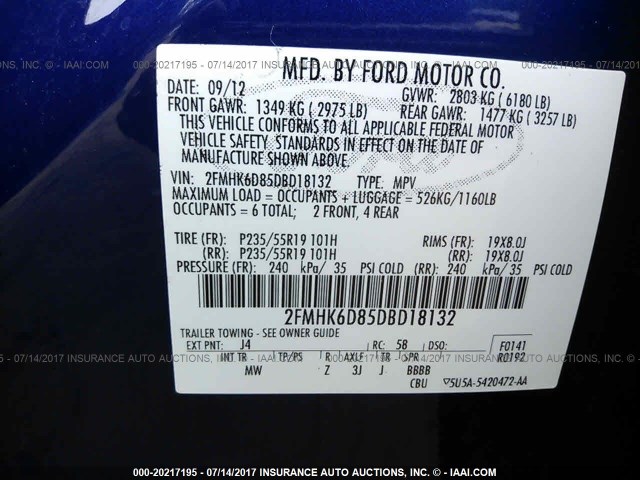 2FMHK6D85DBD18132 - 2013 FORD FLEX LIMITED BLUE photo 9