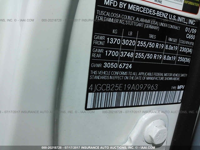 4JGCB25E19A097963 - 2009 MERCEDES-BENZ R 320 WHITE photo 9