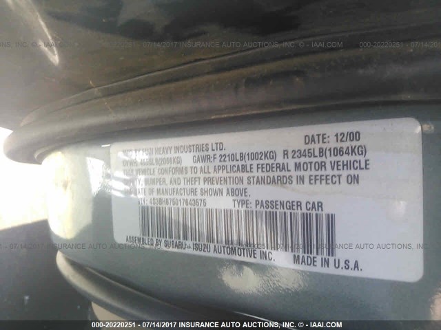 4S3BH675017643575 - 2001 SUBARU LEGACY OUTBACK AWP 绿色 照片 9