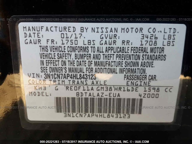 3N1CN7AP4HL843123 - 2017 NISSAN VERSA S/S PLUS/SV/SL BLACK photo 9