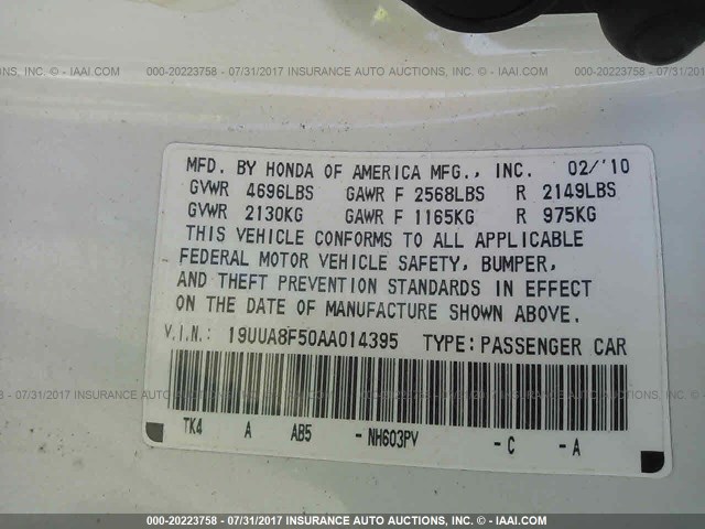 19UUA8F50AA014395 - 2010 ACURA TL WHITE photo 9