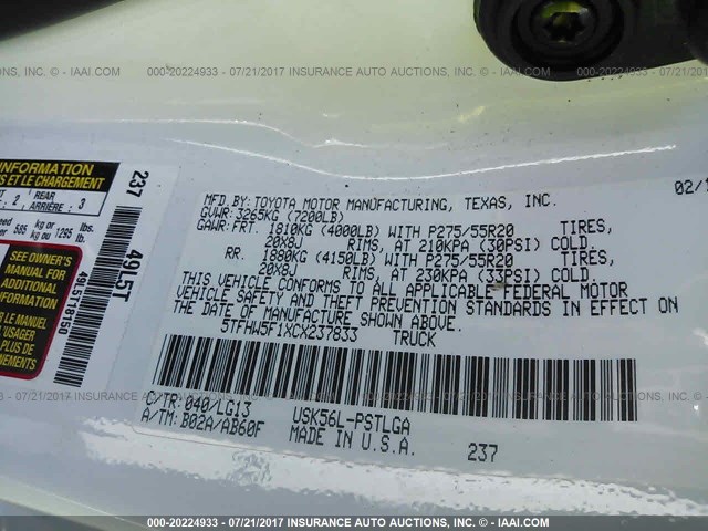 5TFHW5F1XCX237833 - 2012 TOYOTA TUNDRA CREWMAX LIMITED WHITE photo 9