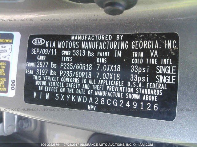 5XYKWDA28CG249126 - 2012 KIA SORENTO SX GRAY photo 9