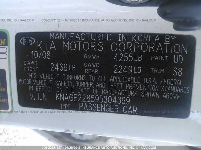 KNAGE228595304369 - 2009 KIA OPTIMA LX/EX WHITE photo 9