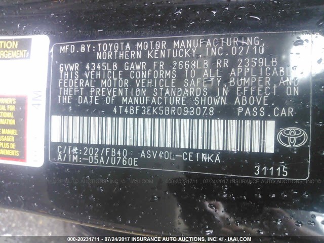 4T4BF3EK5BR093078 - 2011 TOYOTA CAMRY SE/LE/XLE შავი ფოტო 9