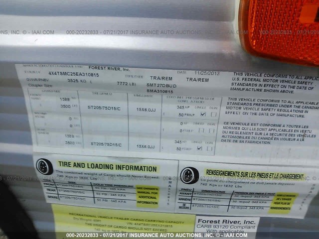 4X4TSMC25EA310815 - 2014 FOREST RIVER SALEM  白色 照片 9