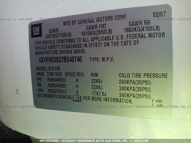 1GYFK63827R348746 - 2007 CADILLAC ESCALADE LUXURY أبيض صورة 9