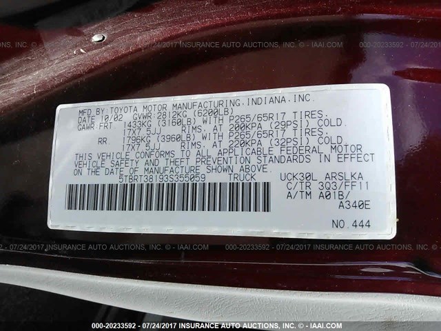 5TBRT38193S355059 - 2003 TOYOTA TUNDRA ACCESS CAB LIMITED MAROON photo 9